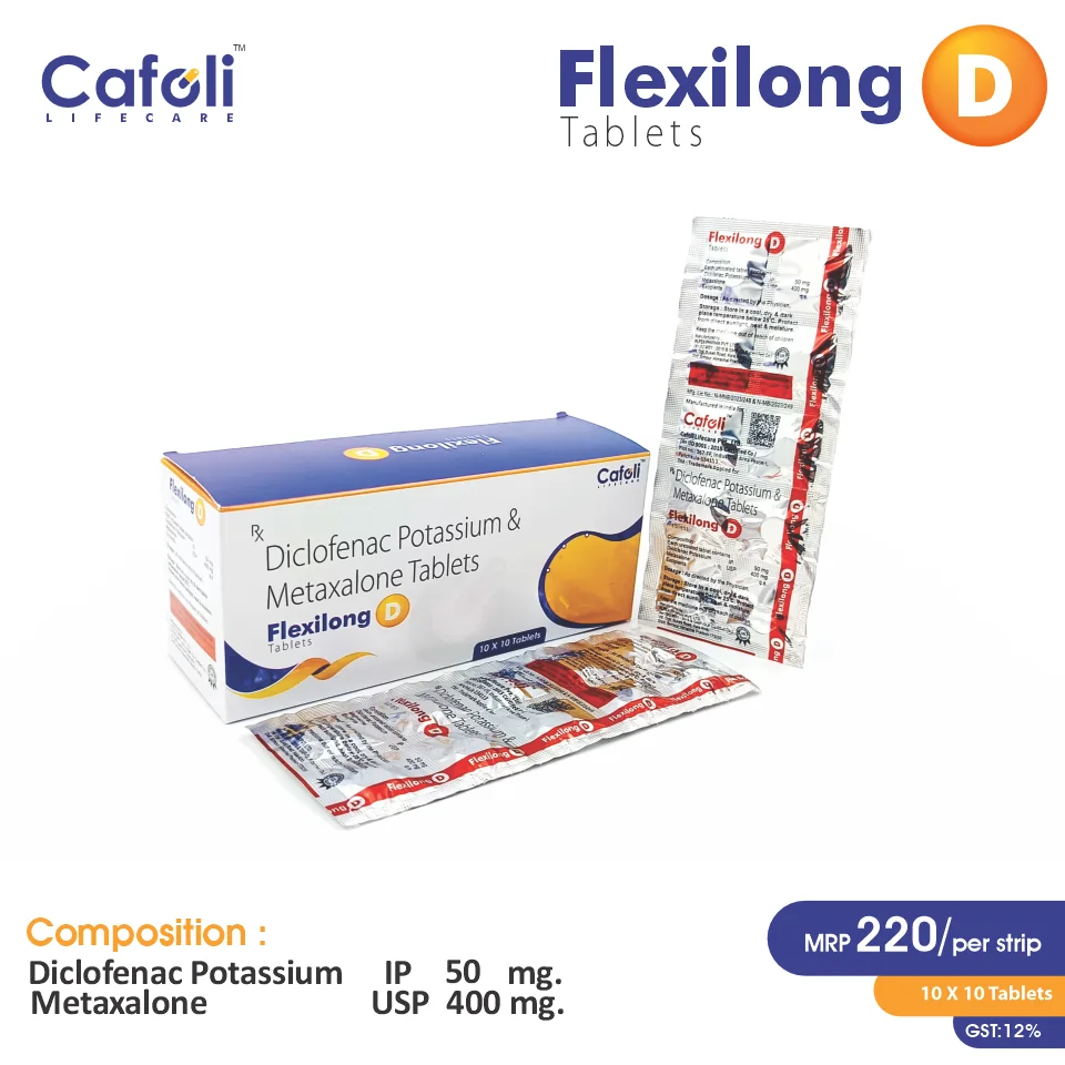 Diclofenac 50mg + Metaxalone 400mg Tablet at Best Price in PCD Pharma Franchise for NSAID and Pain Relief, Muscle Relaxant.